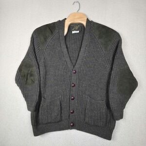 Niffi England Wool Green Cardigan Sweater Suede Leather Elbow Patches Mens Large